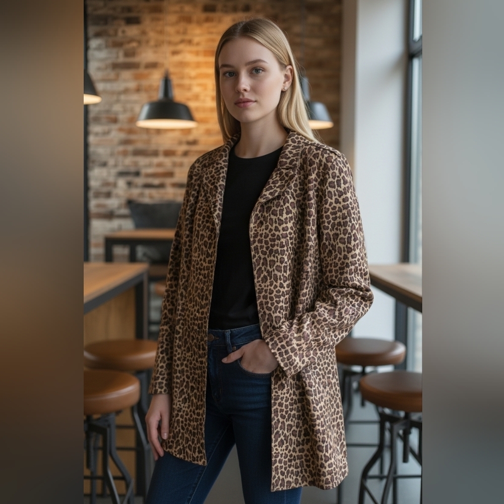 Bellini Fashion Faux Suede Leopard Print Long Jacket XS